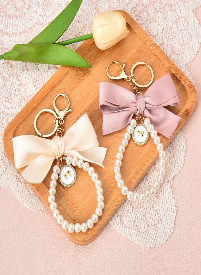 Borhmty Coquette Bow Keychains Pearl Wristlet Keychain with Bow Purse Charm 2pcs Cute Keychains for Women Wristlet Pink Bow Keychain for Purse Women Key chain for Car Keys Girls Cute Pink Keychain Charms - Image 2